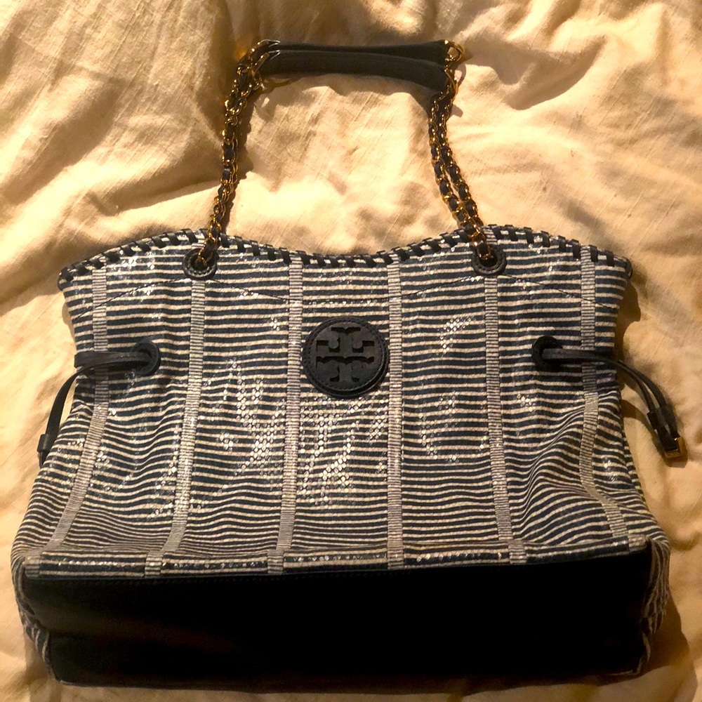 Large white and navy Tory Burch Tote